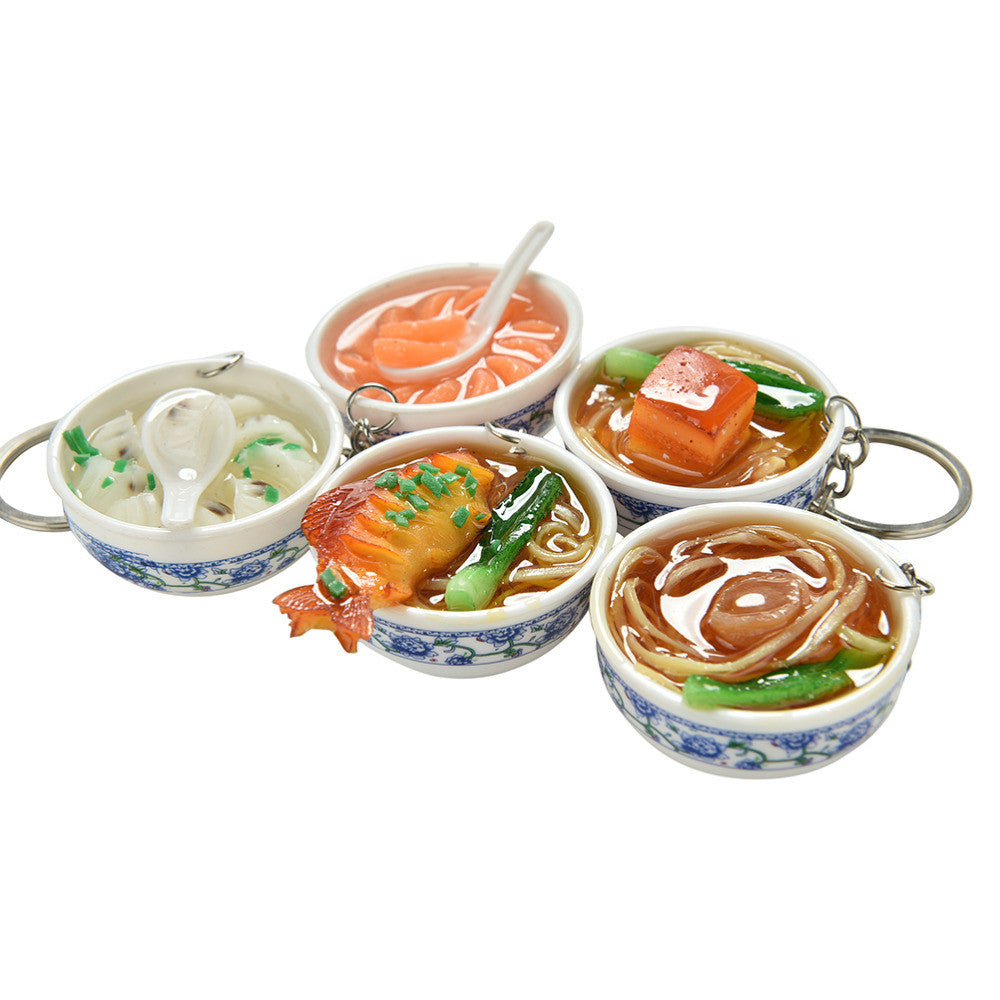 Simulation Food Key Chains noodle Creative Keychain Chinese Blue and white porcelain Food Bowl Mini bag pendant J4U66