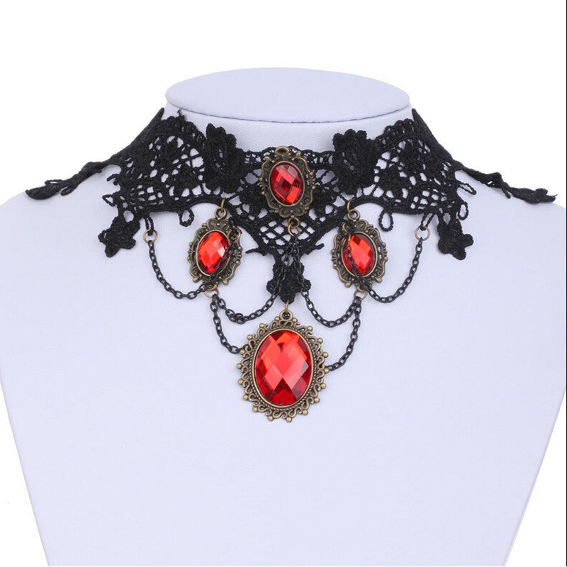 Ornate Handmade Retro Short Black Lace Flower Collar Red Crystal Chain Pendant Choker Necklace Prom Jewelry HOT J4U66