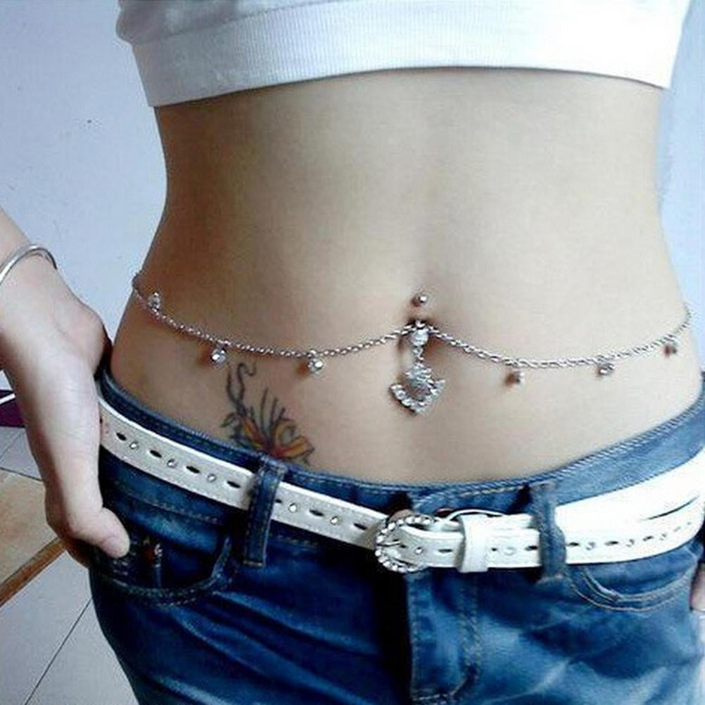 Pendant Steel Piercing Belly Barbell Navel Ring Bar Waist Chain J4U66
