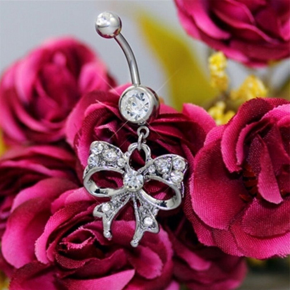 Piercing Navel Body Jewelry Surgical Steel Bowknot Rhinestone Belly Button Barbell Navel Ring Bar J4U66