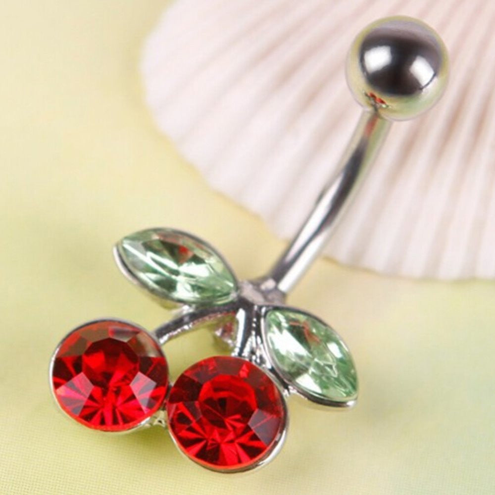 Rhinestone Red Cherry Navel Belly Button Barbell Ring Body Piercing J4U66