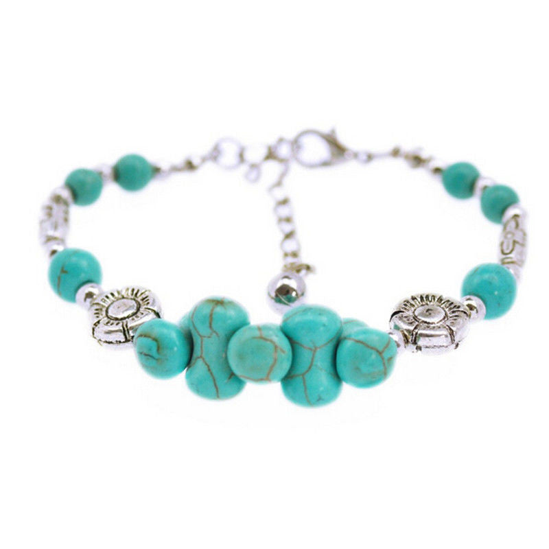 Tibetan Silver Color Turquoise Bracelets&Bangles Inlay Roundness Bead Nation Bohemian Bracelets For Women Fine Jewelry J4U66