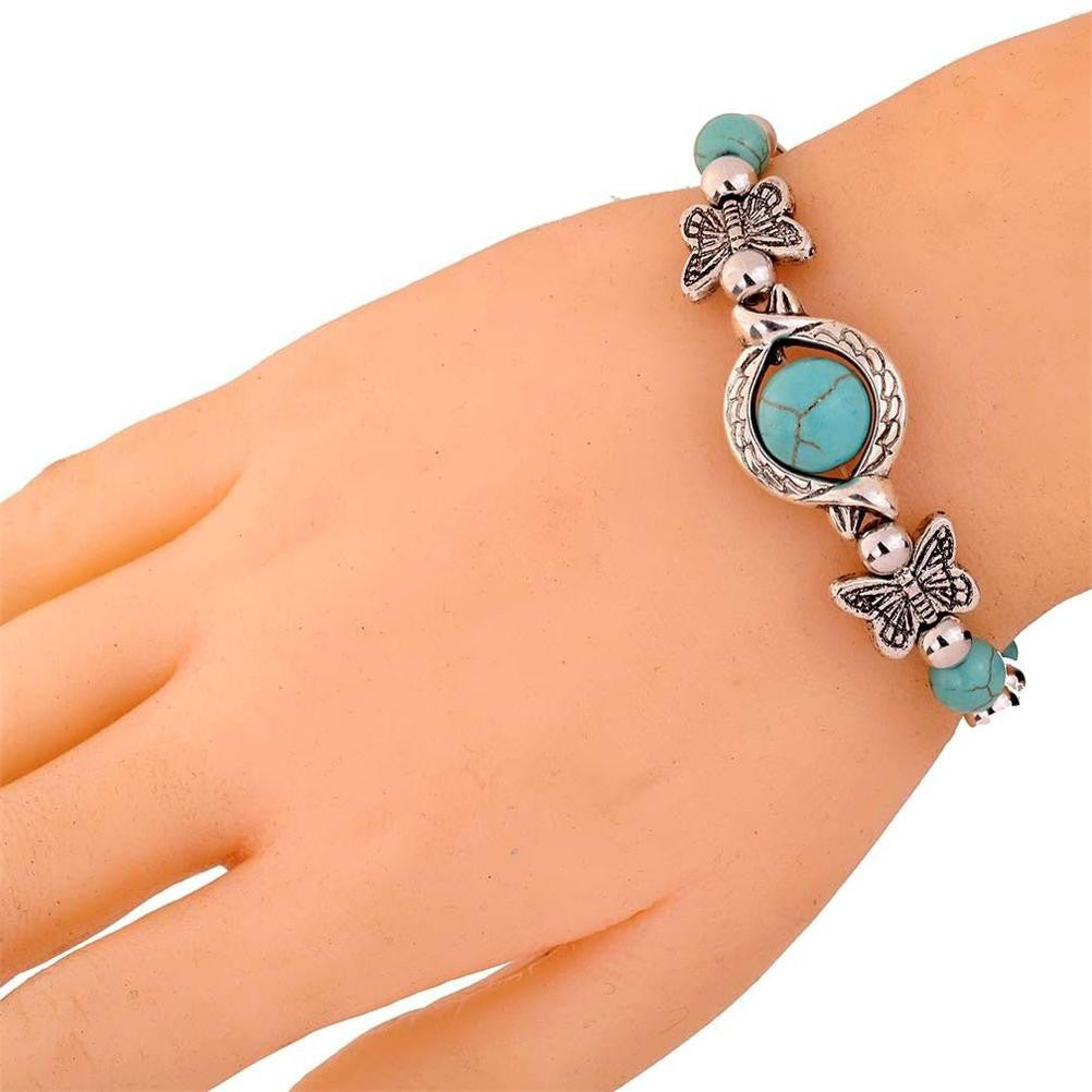 Turquoise Beads Tibetan Silver Butterfly Bracelet Handmade Accessories Jewelry  J4U66