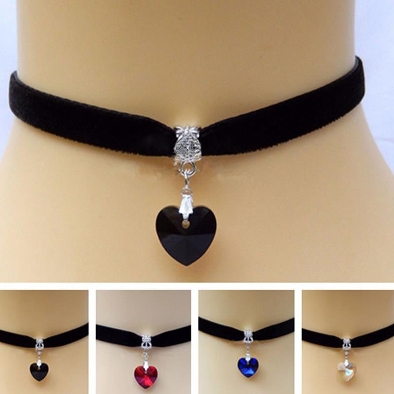 Women Men Lover Gothic Velvet Heart Crystal Choker Handmade Necklace Pendant Torques Retro 80 90s Jewelry J4U66