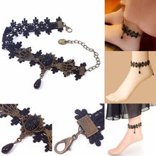 Vintage Women Gothic Black Floral Flower Lace Anklet Chain Ankle Bracelets Barefoot Sandal Wedding Lace Anklets Foot Jewelry J4U66