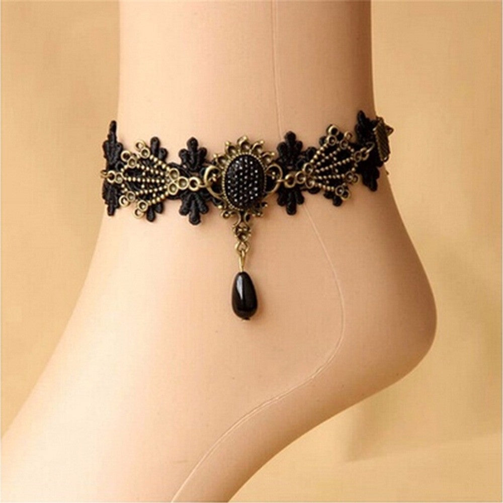 Vintage Women Gothic Black Floral Flower Lace Anklet Chain Ankle Bracelets Barefoot Sandal Wedding Lace Anklets Foot Jewelry J4U66