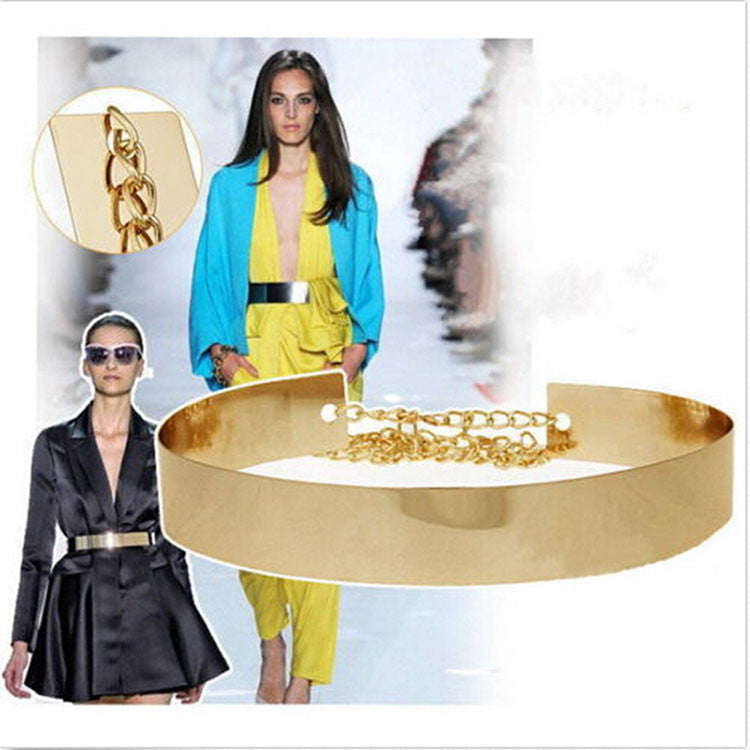 Women Metallic Gold Plate Wide Belt Cummerbunds Punk Full Metal Mirror Surface Waist Belt With Chains Lady  J4U66