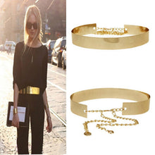Women Metallic Gold Plate Wide Belt Cummerbunds Punk Full Metal Mirror Surface Waist Belt With Chains Lady  J4U66