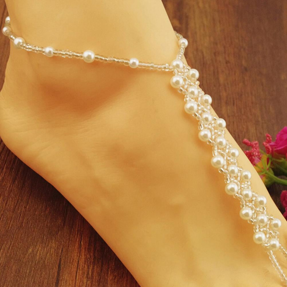 Women Anklets Beach Wedding Pearl Barefoot Sandals Stretch Anklet Chain Footless Bridal Foot Jewelry J4U66