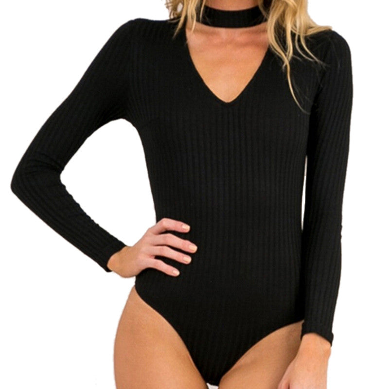 s 5 ColorsWomen Sexy High Neck V Long Sleeve Shoulder Ribbed Bodysuits Playsuits Rompers Jumpsuits  J4U66