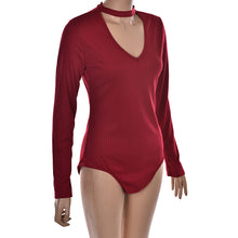 s 5 ColorsWomen Sexy High Neck V Long Sleeve Shoulder Ribbed Bodysuits Playsuits Rompers Jumpsuits  J4U66