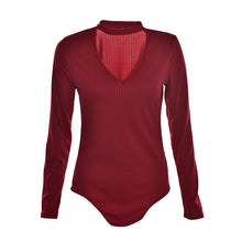 s 5 ColorsWomen Sexy High Neck V Long Sleeve Shoulder Ribbed Bodysuits Playsuits Rompers Jumpsuits  J4U66