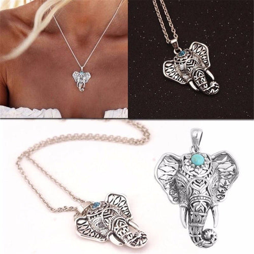 Boho Antique Necklaces Women Charm Vintage Pendants Ethnic Turquoise Elephant Choker Necklace Chain  J4U66