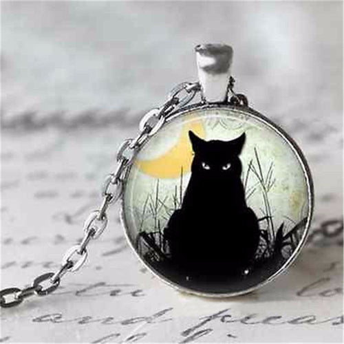Cat Pendant Necklace Glass Cabochon Silver Bronze Chain Necklace Tradition Black Cat Picture Vintage Necklace For Women J4U66