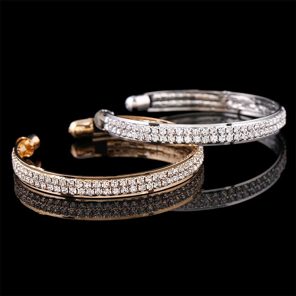 Women Jewelry 2 Row Rhinestone Crystal Silver Gold Plated Bangles Cuff Bracelets J4U66