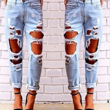 Women Plus Size Vintage Holes Ripped Jeans Denim Blue Trousers Retro Denim Women Europe Pants beggar pant J4U66