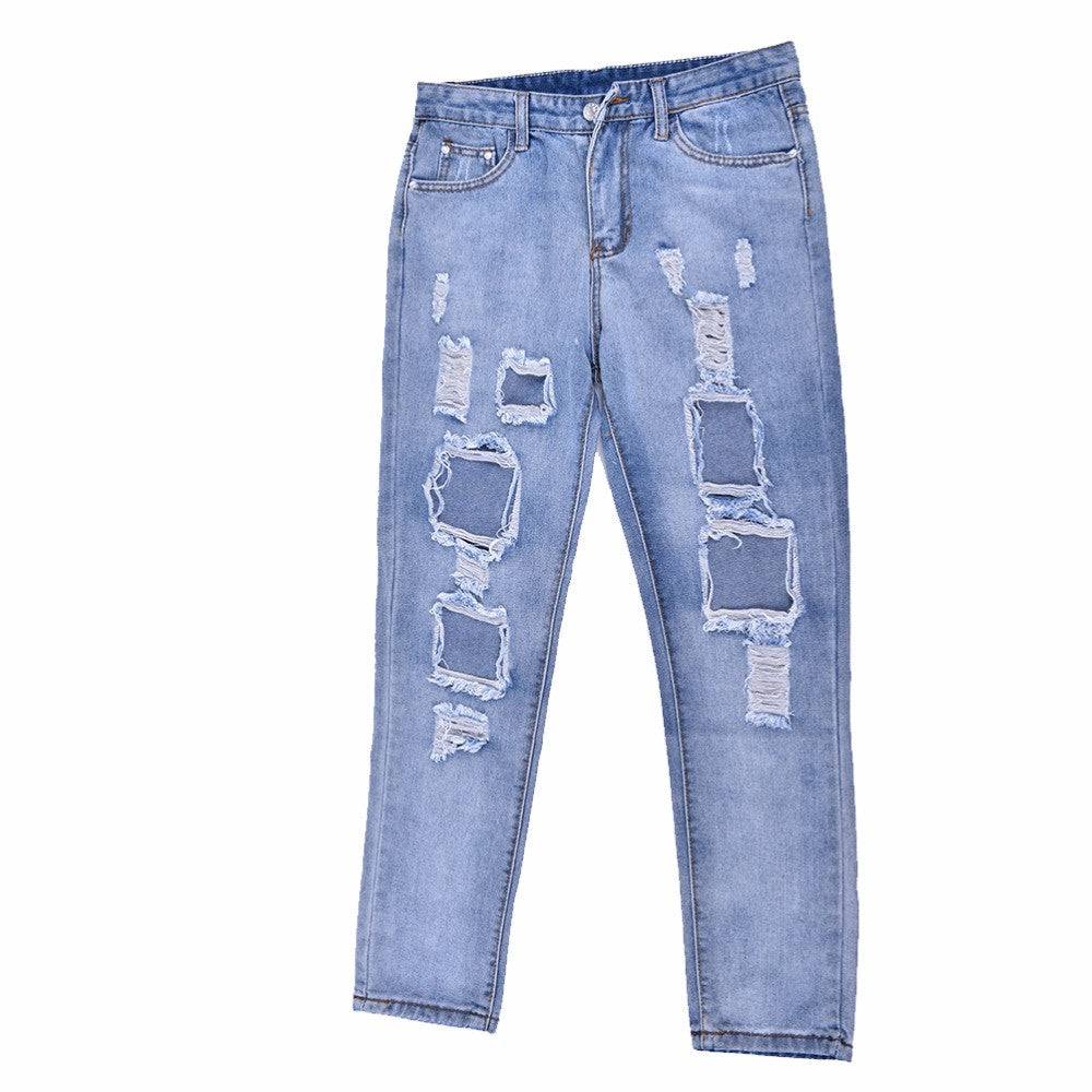 Women Plus Size Vintage Holes Ripped Jeans Denim Blue Trousers Retro Denim Women Europe Pants beggar pant J4U66