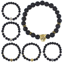 Black Beads Strand Bracelet Lava Rock Stone Animal Lion Leopard Tiger Head Bracelet Men's Bracelet Retro Vintage J4U66