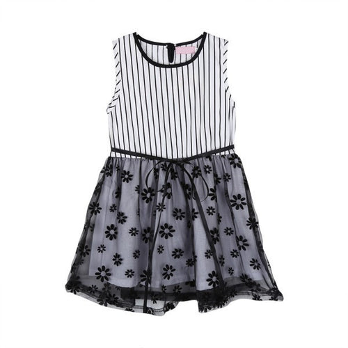 2-7Y Baby Girls Kids Puffed Dress Sleeveless Party Princess Dot Stripe Tutu Dresses J4U66