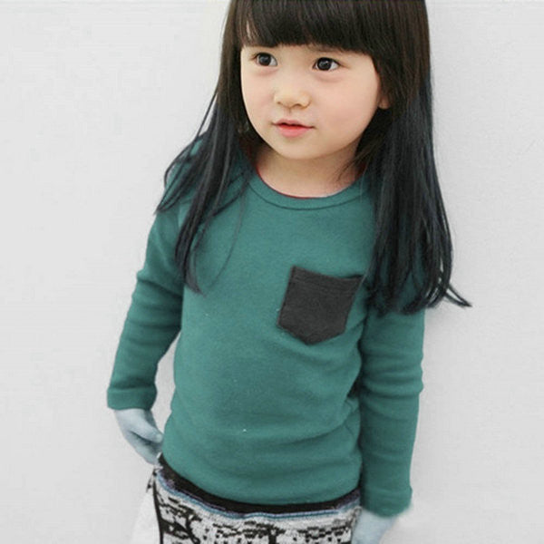 2~7 Years baby kids boys girls unisex long sleeve clothes crewneck children t-shirtss pocket decor shirt clothing J4U66