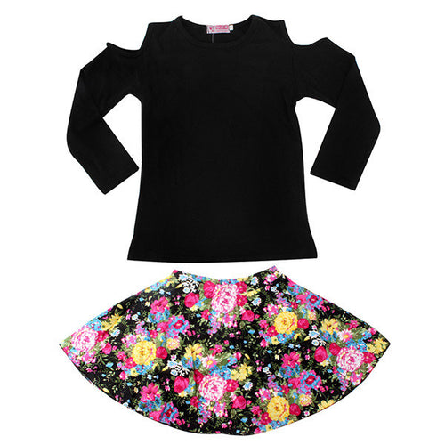 2-7Y Girls Clothing Sets 2pcs Black Long Sleeve Shoulder Off Top + Floral Skirt Baby Clothes Dress J4U66