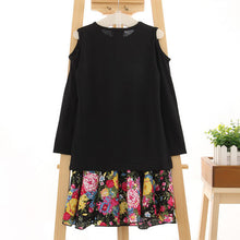2-7Y Girls Clothing Sets 2pcs Black Long Sleeve Shoulder Off Top + Floral Skirt Baby Clothes Dress J4U66