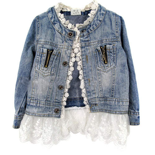 2-7Years Jean Jacket Girls Kids Denim Lace Coat Long Sleeve Botton Children Outwear Clothes  J4U66