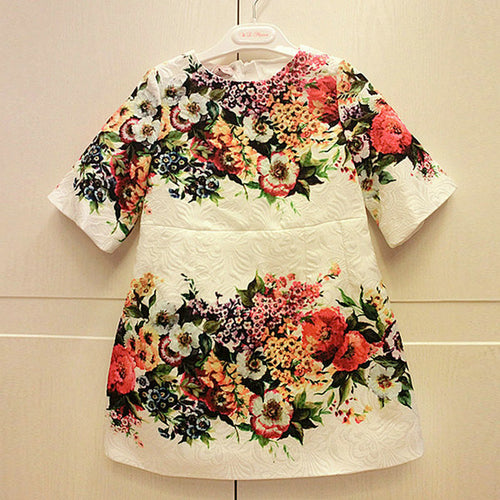 2-7Years One-piece Kids Girls Dress Vintage Floral Print 3/4 Sleeve Baby Mini Dresses  J4U66
