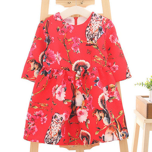 2-8Y New Kids Children Girls Floral Owl Print Princess Dress One Piece Party Dresses  J4U66