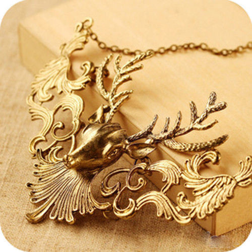 2 Colors s  Horn Collar Necklace Vintage Animal Deer Head Pendant Chain Necklaces Gifts J4U66