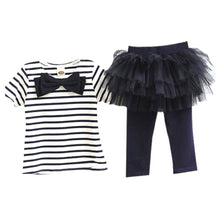 2 Pieces Kid Girls Clothes Set Stripe Bow Top T-shirt + Tutu Skirt Leggings Culottes Outfit Clothing Sets J4U66