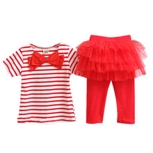 2 Pieces Kid Girls Clothes Set Stripe Bow Top T-shirt + Tutu Skirt Leggings Culottes Outfit Clothing Sets J4U66