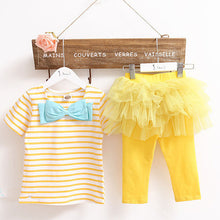 2 Pieces Kid Girls Clothes Set Stripe Bow Top T-shirt + Tutu Skirt Leggings Culottes Outfit Clothing Sets J4U66