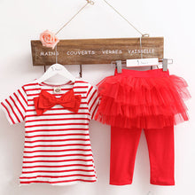 2 Pieces Kid Girls Clothes Set Stripe Bow Top T-shirt + Tutu Skirt Leggings Culottes Outfit Clothing Sets J4U66