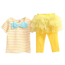 2 Pieces Kid Girls Clothes Set Stripe Bow Top T-shirt + Tutu Skirt Leggings Culottes Outfit Clothing Sets J4U66