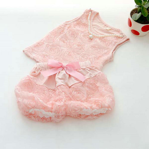 2 Pieces/set Kids Girls Clothes Sets Rose Flower Top Shirt + Bloomer Short Pants + Pearl Necklace Outfits J4U66