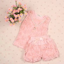 2 Pieces/set Kids Girls Clothes Sets Rose Flower Top Shirt + Bloomer Short Pants + Pearl Necklace Outfits J4U66