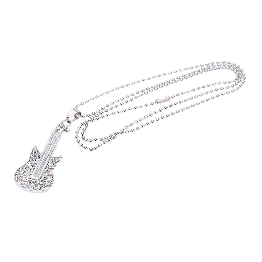 retro punk necklace rhinestone guitar pendant necklace chain for man womem vintage jewelry J4U66