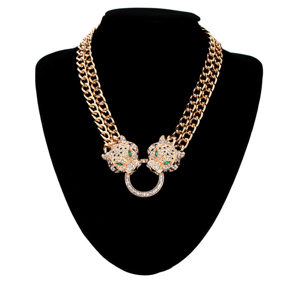 punk jewelry rhinestone dragon leopard head pendant necklace golden wide chain necklace for woman man J4U66