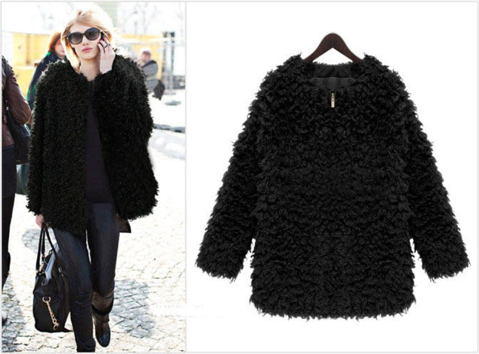 women fluffy shaggy coat curly faux fur round neck zipper super worthy warm outerwear J4U66