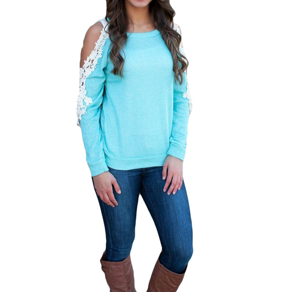 women tops long sleeve t-shirts round neck crochet lace casual loose tops plus size t-shirts femme J4U66