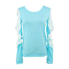 women tops long sleeve t-shirts round neck crochet lace casual loose tops plus size t-shirts femme J4U66