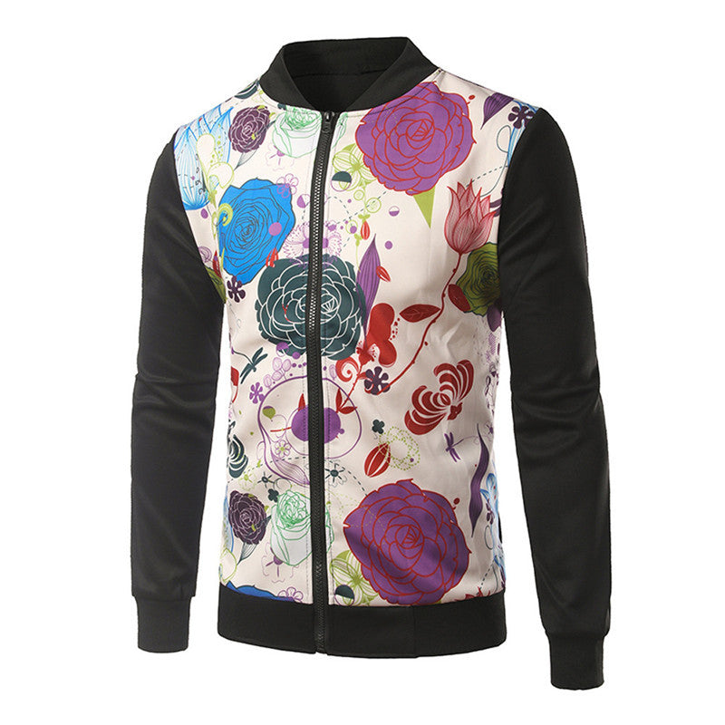 Men's Jackets Flower Fashion CoatsCasual Slim Stand Collar Jacket Men Outerdoor Overcoat M-XL J4U66