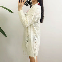 women long sleeve loose sweater v neck hollow out knitted pullover girl casual top knitwear beige J4U66