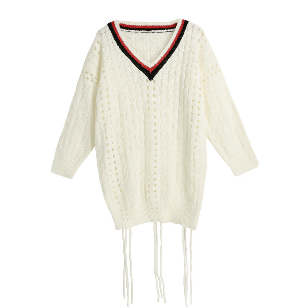 women long sleeve loose sweater v neck hollow out knitted pullover girl casual top knitwear beige J4U66