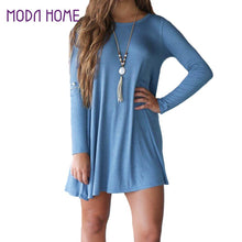 fall dress women long sleeve basic loose short office dress solid o neck shift dress watermelon red blue J4U66