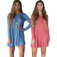 fall dress women long sleeve basic loose short office dress solid o neck shift dress watermelon red blue J4U66