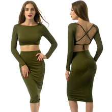 2 piece set women sexy crop top o neck long sleeve backless bandage dress slim fit ladies club midi dresses J4U66
