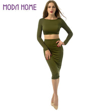 2 piece set women sexy crop top o neck long sleeve backless bandage dress slim fit ladies club midi dresses J4U66