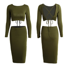 2 piece set women sexy crop top o neck long sleeve backless bandage dress slim fit ladies club midi dresses J4U66